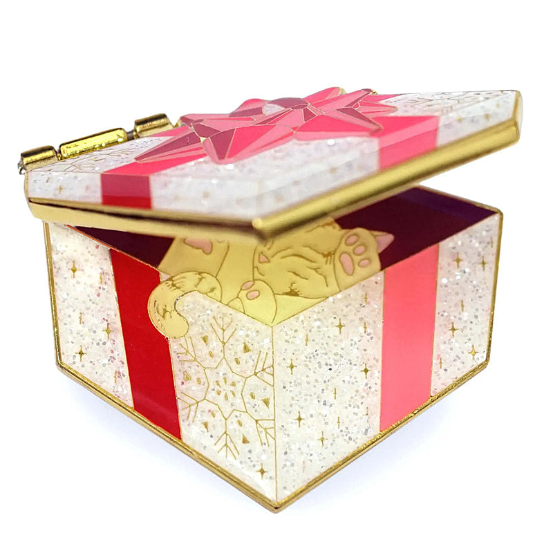 Sparkly gift box with surprise kitten - enamel pin -opens and closes -  EE