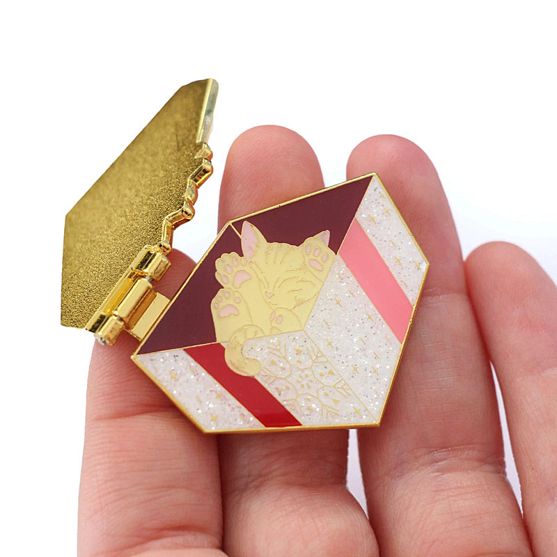 Sparkly gift box with surprise kitten - enamel pin -opens and closes -  EE