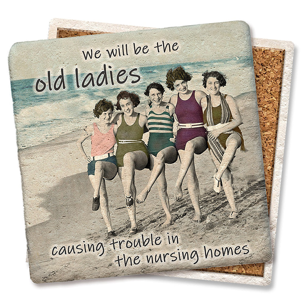 Old Ladies at the Nursing Home Causing Trouble - Limestone Square Coasters