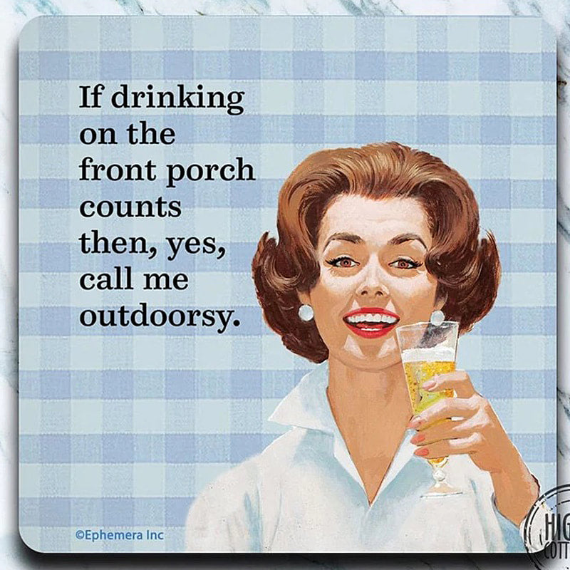 Drinking on Front Porch Outdoorsy - retro 4" x 4" Coaster - AA