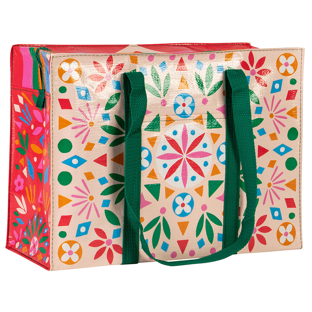 Flower Folk Blue Q Shopping Bag Shoulder Tote  Eco  - Pocket, Zipper, folding