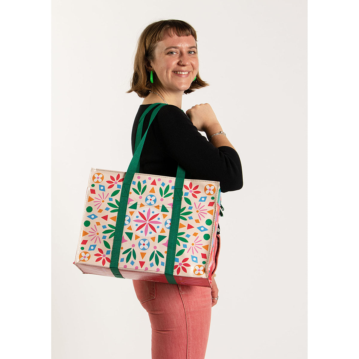 Flower Folk Blue Q Shopping Bag Shoulder Tote  Eco  - Pocket, Zipper, folding