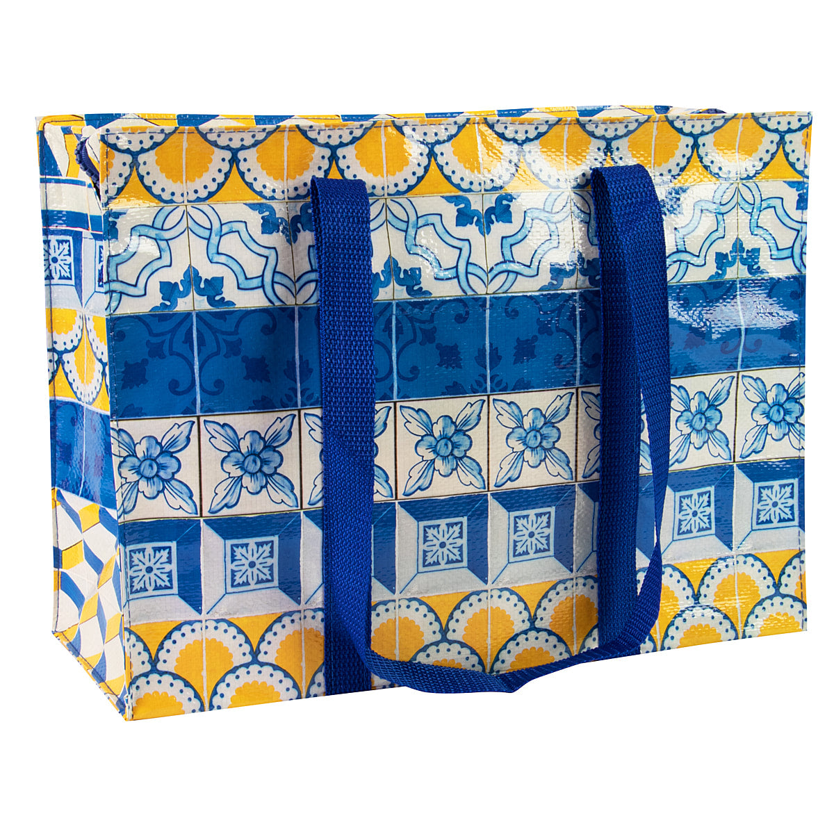 Painted Tiles Blue Q shoulder Tote - Eco Recycled - Zippered With Pocket