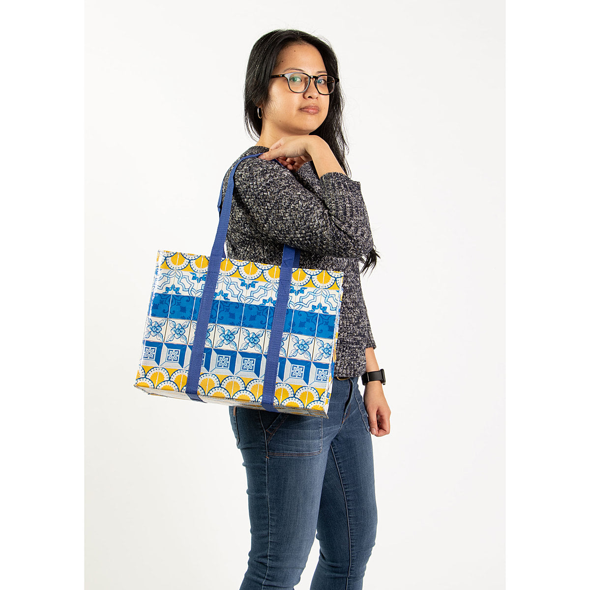 Painted Tiles Blue Q shoulder Tote - Eco Recycled - Zippered With Pocket