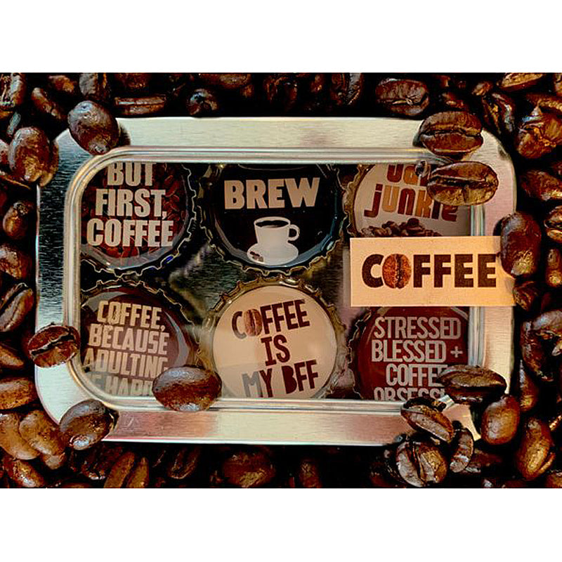 Coffee - 6 unique bottle cap magnet set in tin