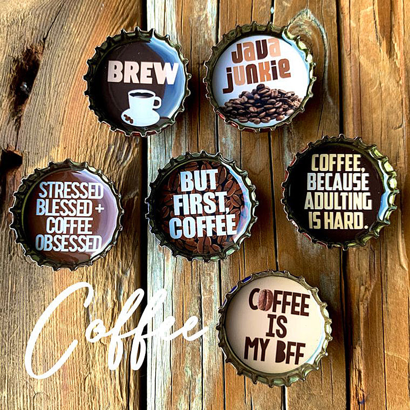 Coffee - 6 unique bottle cap magnet set in tin