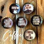 Coffee - 6 unique bottle cap magnet set in tin