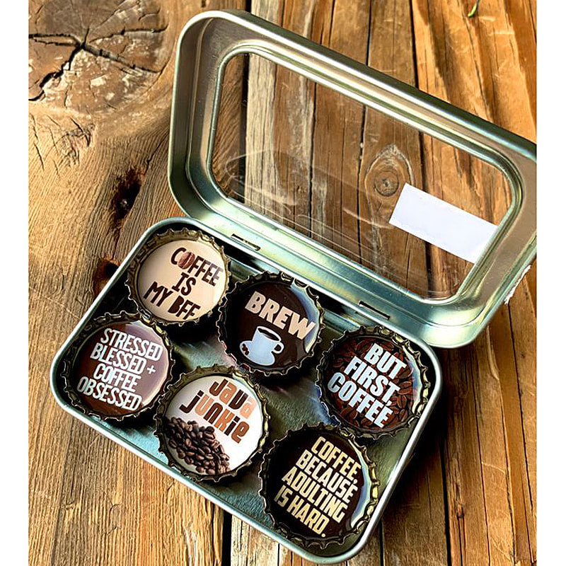 Coffee - 6 unique bottle cap magnet set in tin