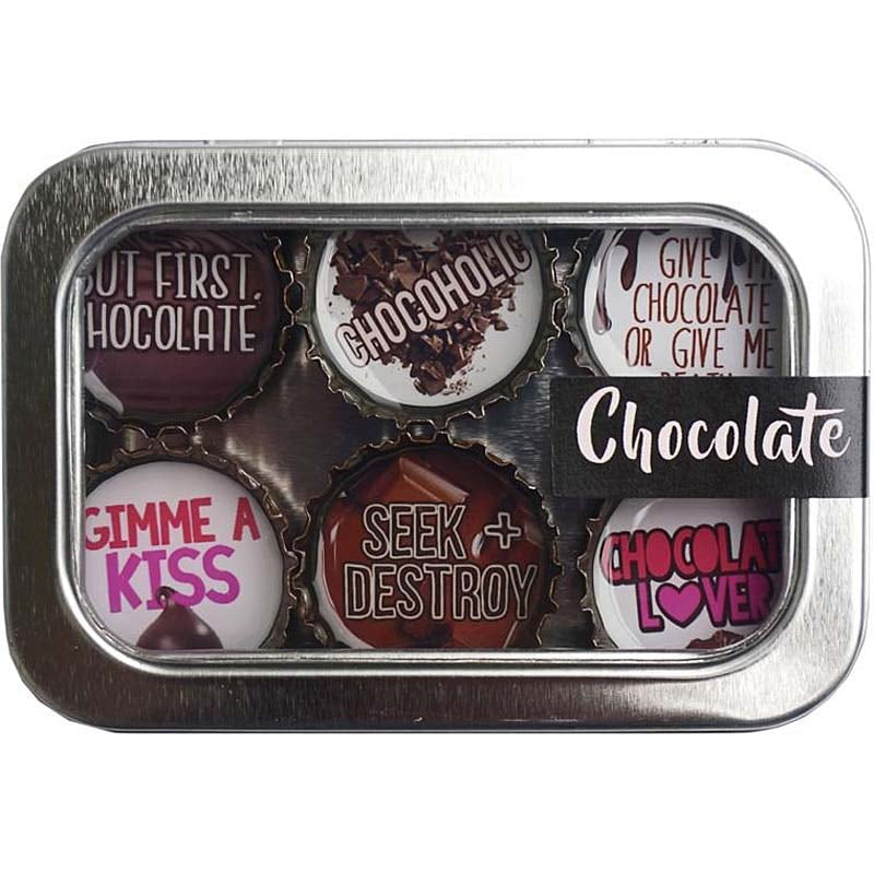Chocolate  - 6 unique bottle cap magnet set in tin
