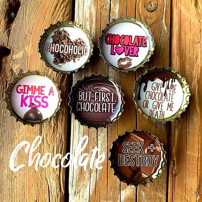 Chocolate  - 6 unique bottle cap magnet set in tin