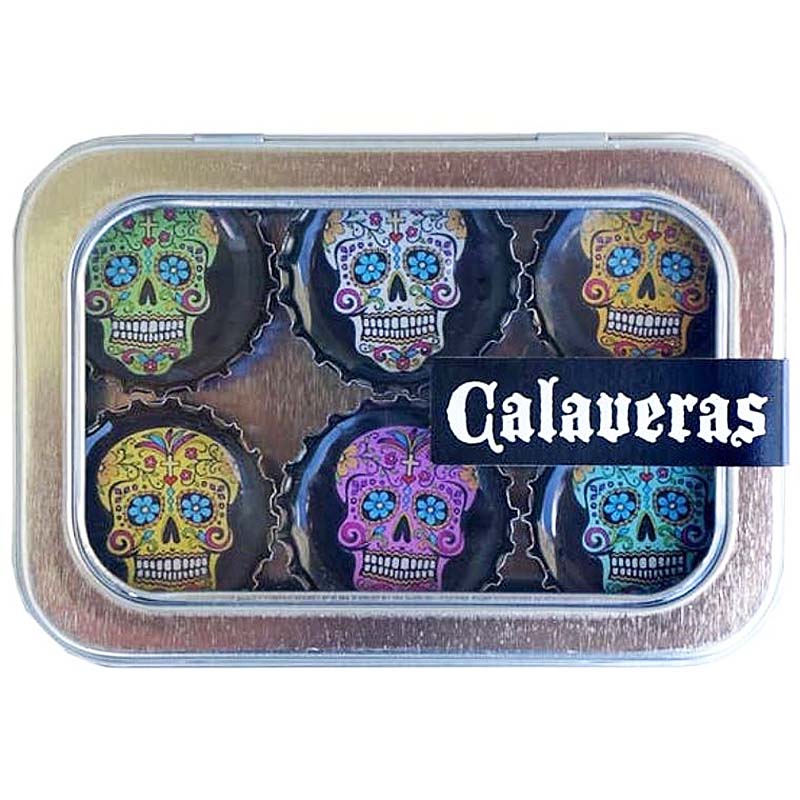 Calaveras - 6 unique bottle cap magnet set in tin