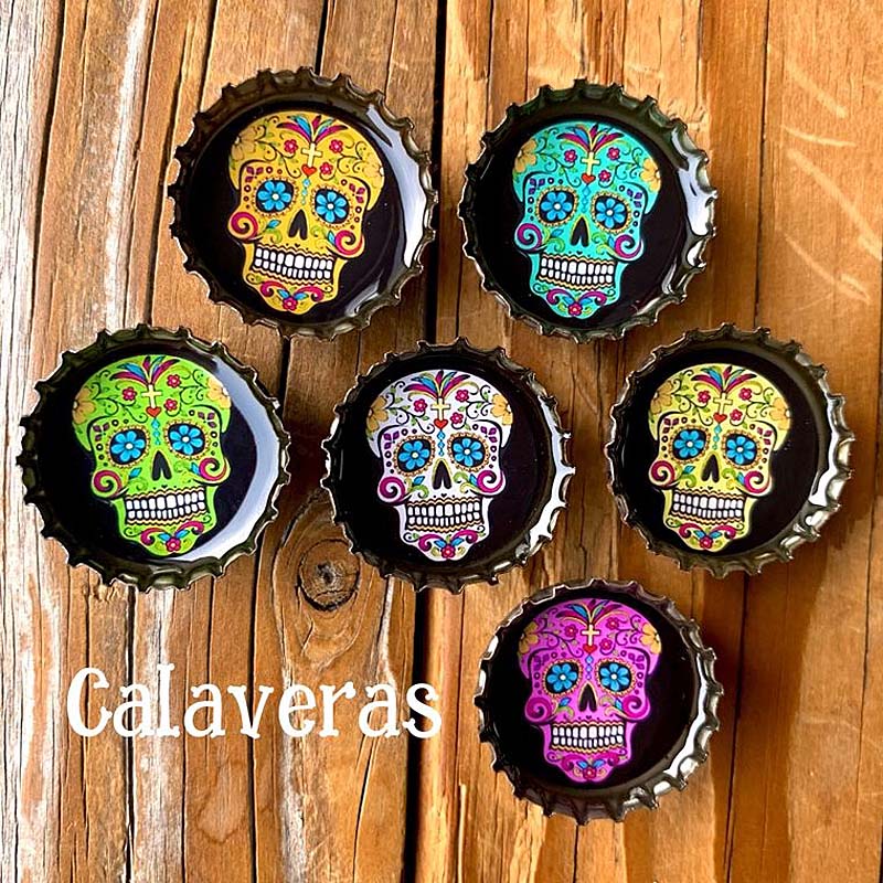 Calaveras - 6 unique bottle cap magnet set in tin