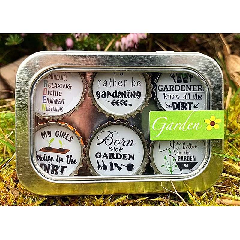 Gardener  - 6 unique bottle cap magnet set in tin