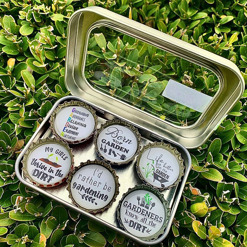 Gardener  - 6 unique bottle cap magnet set in tin