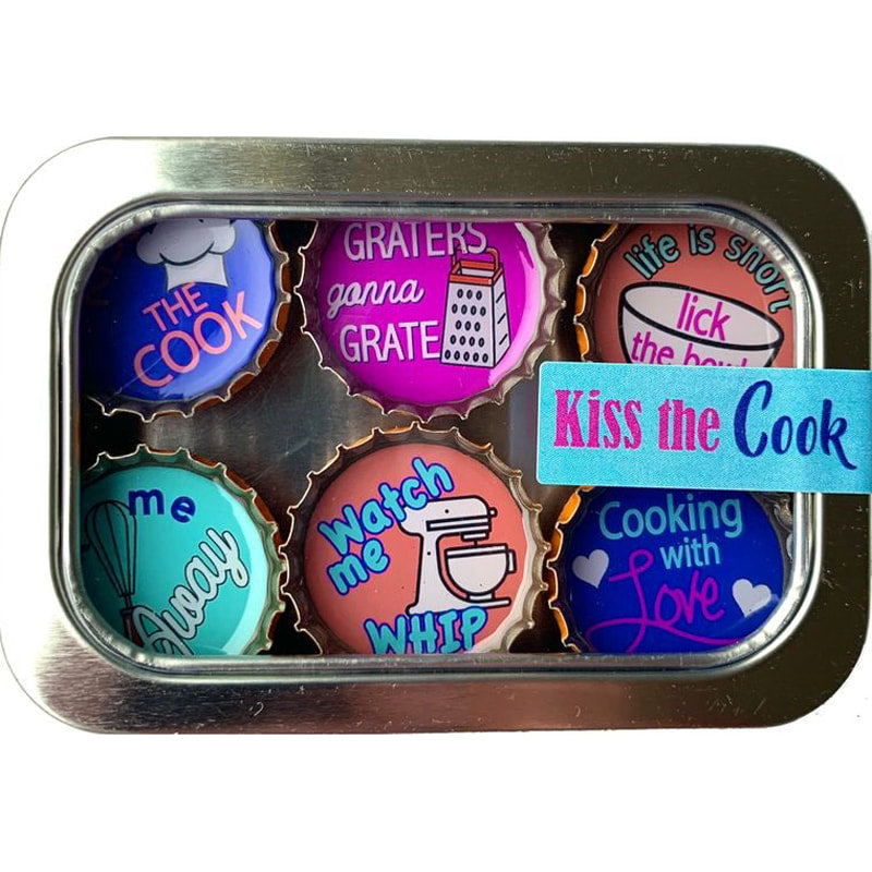 Kiss the Cook  - 6 unique bottle cap magnet set in tin