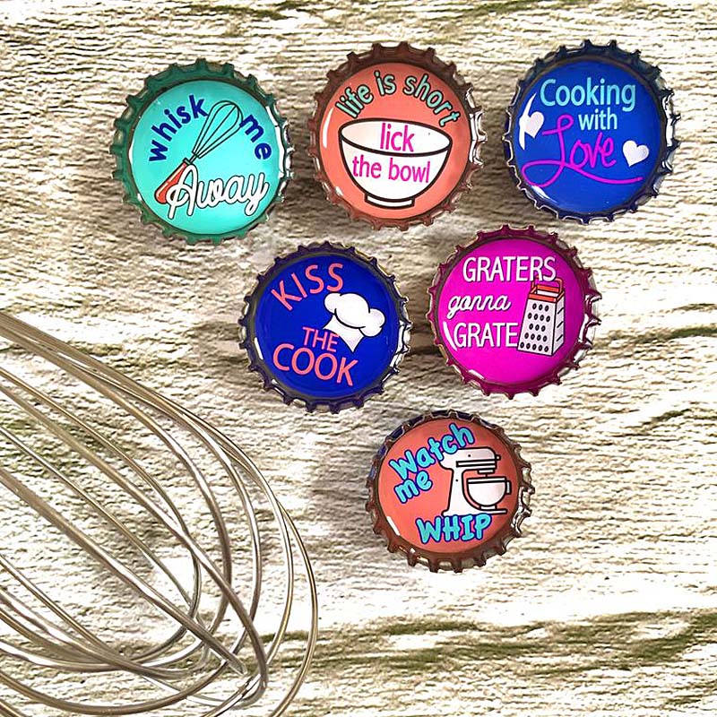 Kiss the Cook  - 6 unique bottle cap magnet set in tin