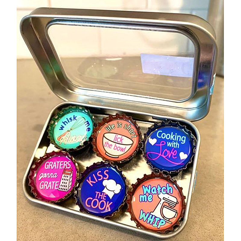 Kiss the Cook  - 6 unique bottle cap magnet set in tin