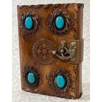 5x7, Turquoise Stones, Embossed, Stitched Leather Journal - Fantasy Gifts JJ