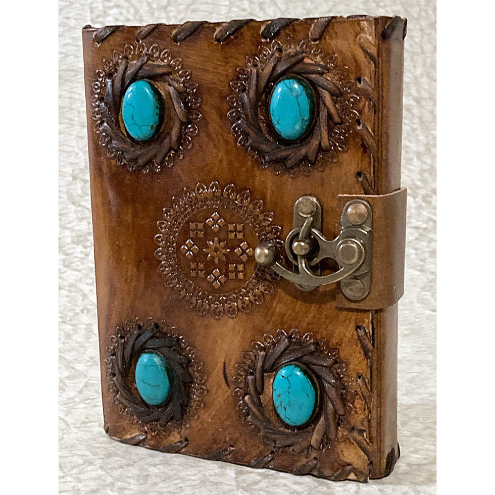 5x7, Turquoise Stones, Embossed, Stitched Leather Journal - Fantasy Gifts JJ