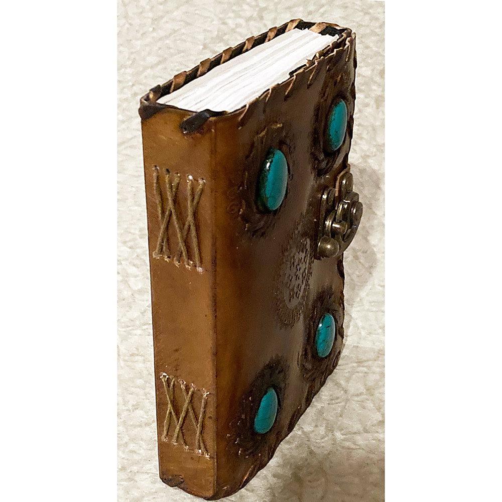 5x7, Turquoise Stones, Embossed, Stitched Leather Journal - Fantasy Gifts JJ