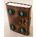 5x7, Turquoise Stones, Embossed, Stitched Leather Journal - Fantasy Gifts JJ