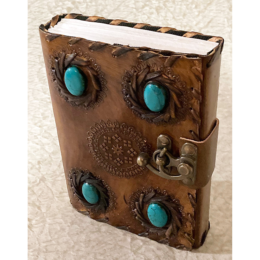 5x7, Turquoise Stones, Embossed, Stitched Leather Journal - Fantasy Gifts JJ