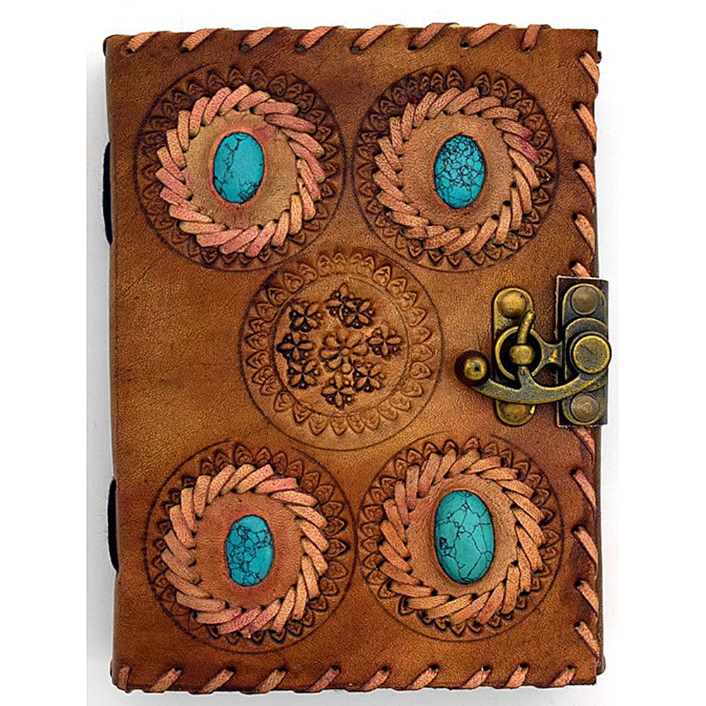 5x7, Turquoise Stones, Embossed, Stitched Leather Journal - Fantasy Gifts JJ