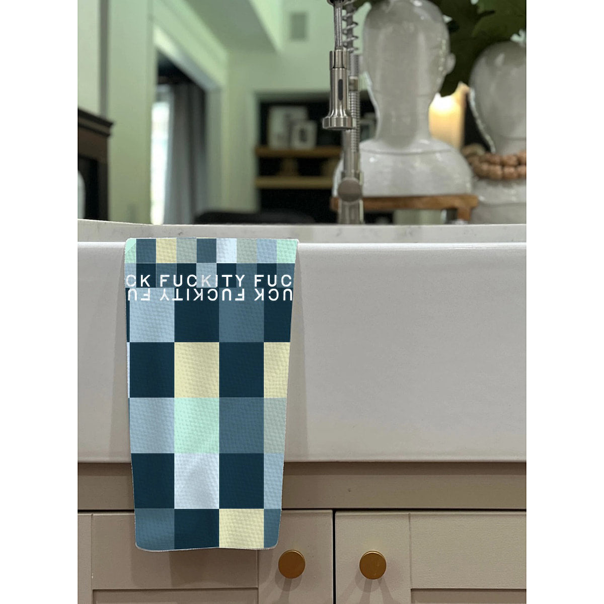Blue F Checkers Fuckity Fuck Kitchen Tea Towel by Twisted Wares
