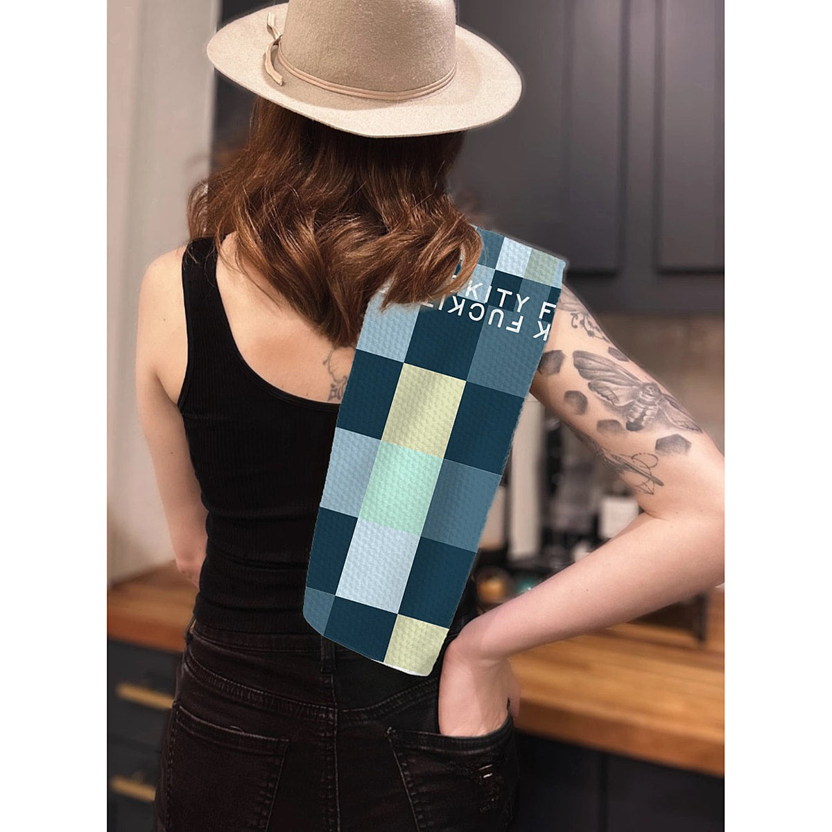 Blue F Checkers Fuckity Fuck Kitchen Tea Towel by Twisted Wares
