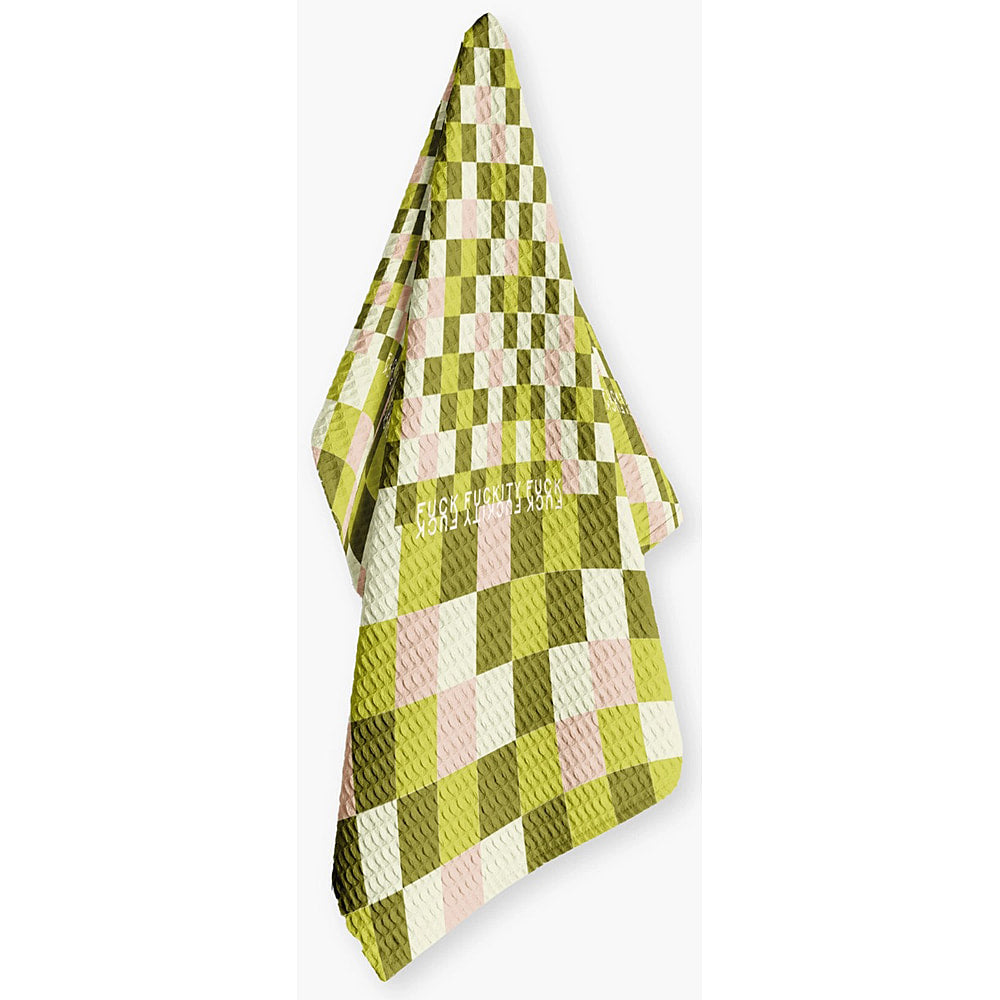 Green F Checkers Fuckity Fuck Kitchen Tea Towel by Twisted Wares