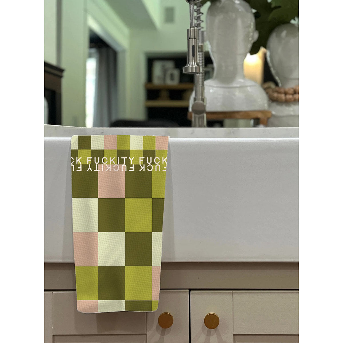 Green F Checkers Fuckity Fuck Kitchen Tea Towel by Twisted Wares
