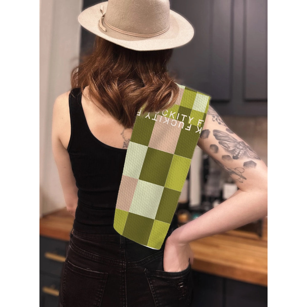 Green F Checkers Fuckity Fuck Kitchen Tea Towel by Twisted Wares