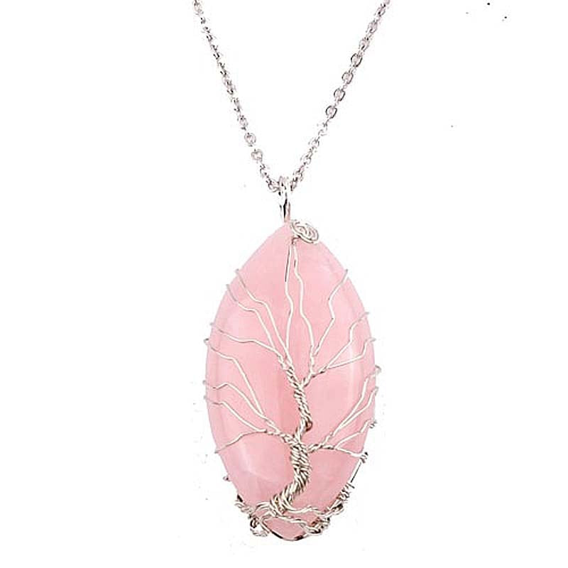 Fantasy Gifts Oval Rose Quartz Tree of Life Necklace - JJ