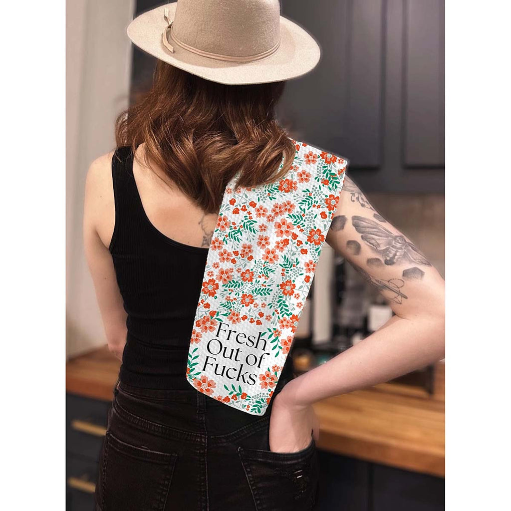 Floral Fresh Out of Fucks Kitchen Tea Towel by Twisted Wares