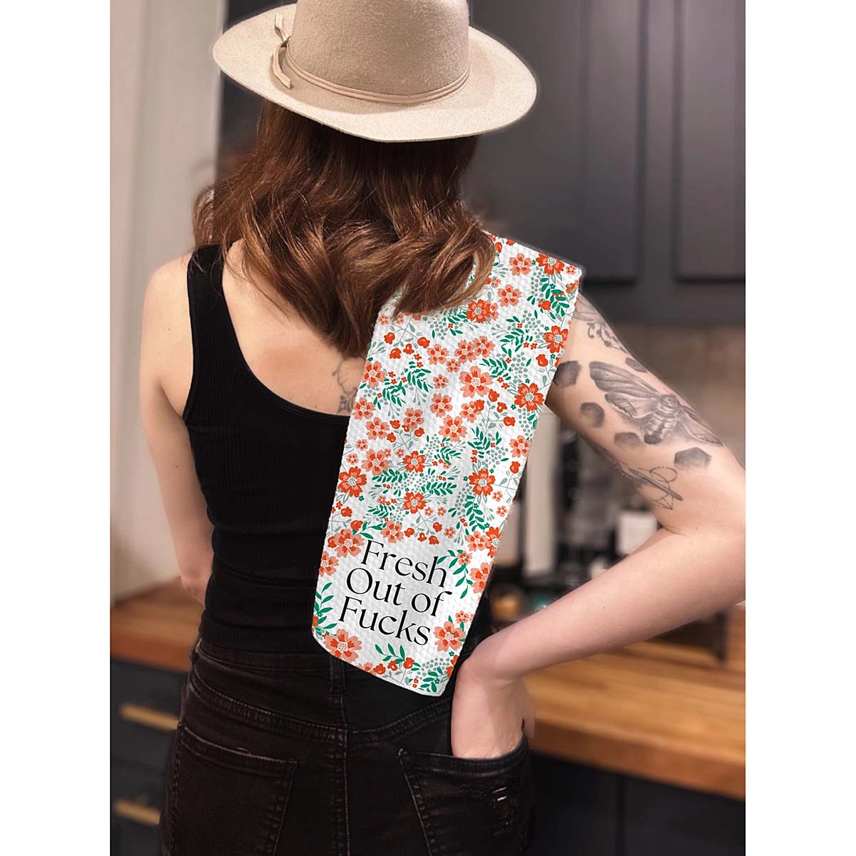 Floral Fresh Out of Fucks Kitchen Tea Towel by Twisted Wares