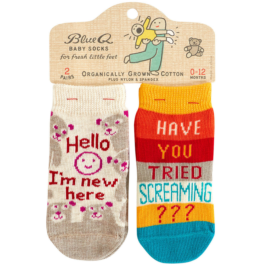 New Here/Screaming - Organic Baby Socks - set of 2 - Blue Q