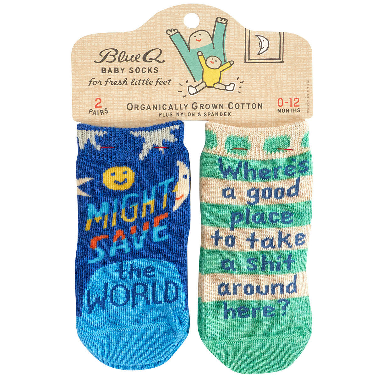 Save World/Take a Shit - Organic Baby Socks - set of 2 - Blue Q