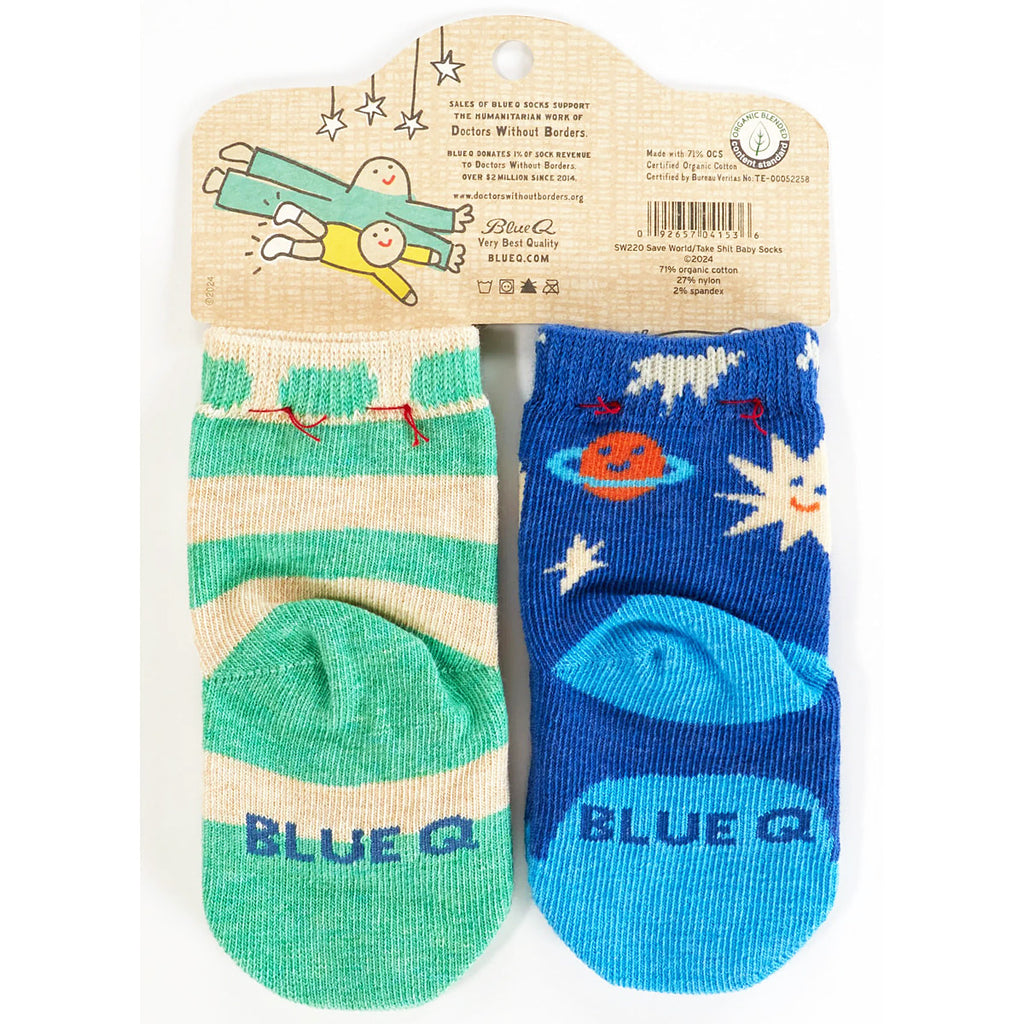 Save World/Take a Shit - Organic Baby Socks - set of 2 - Blue Q