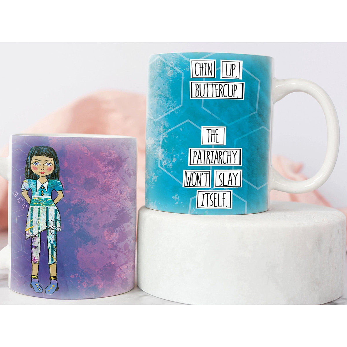 Chin Up buttercup feminist artist design ceramic 15 ounce mug