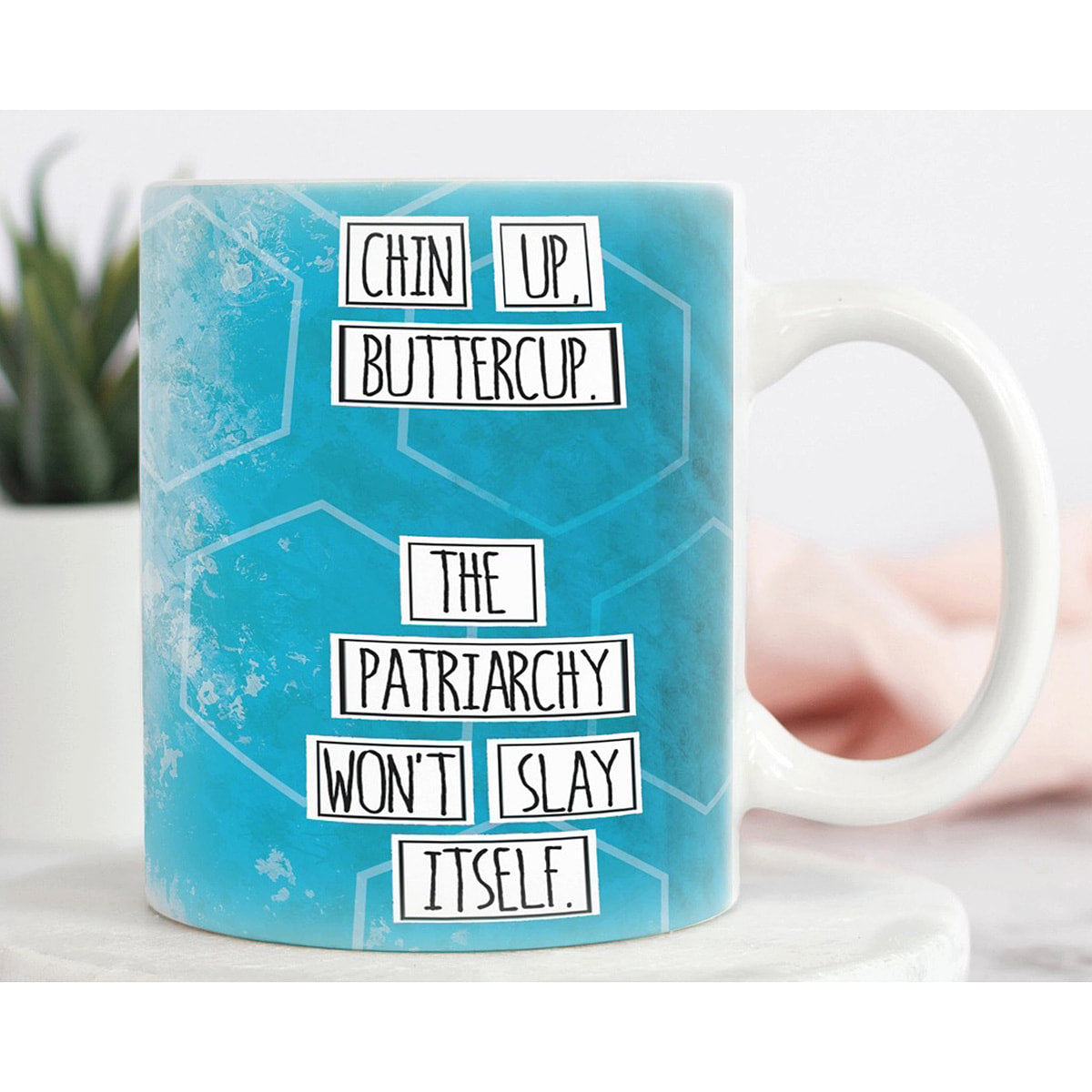 Chin Up buttercup feminist artist design ceramic 15 ounce mug