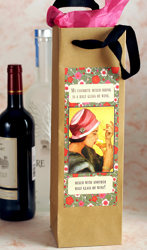 My Favorite Mixed Drink is a half glass of wine mixed with another half glass of wine. Eco Wine & Bottle Bag by Umlaut Brooklyn