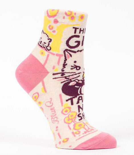 Women's Ankle Sock This Girl Takes No Shit with cat eating ice cream - Blue Q
