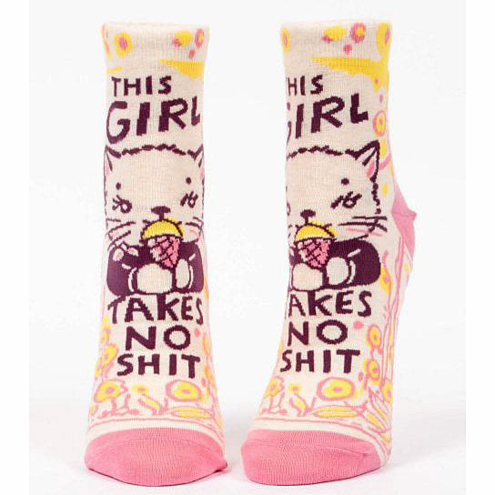 Women's Ankle Sock This Girl Takes No Shit with cat eating ice cream - Blue Q
