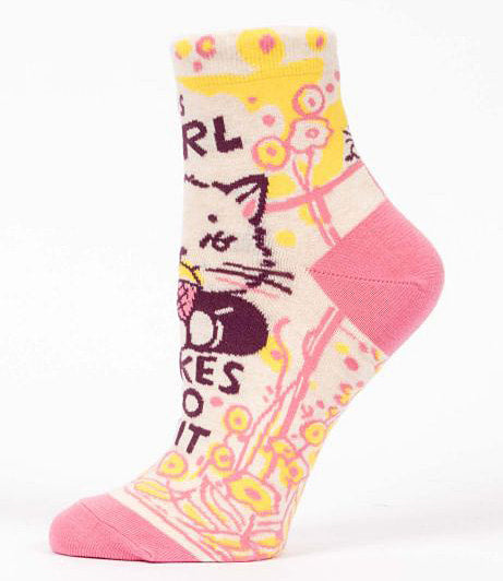 Women's Ankle Sock This Girl Takes No Shit with cat eating ice cream - Blue Q
