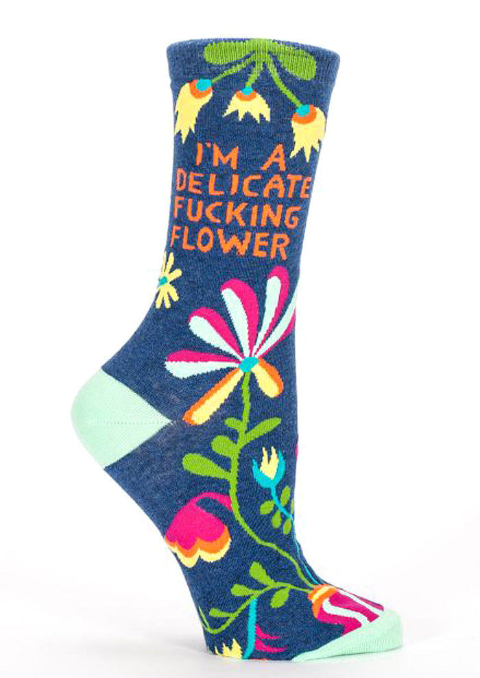 Women's Crew Socks -   I'm a Delicate Fucking Flower - Blue Q