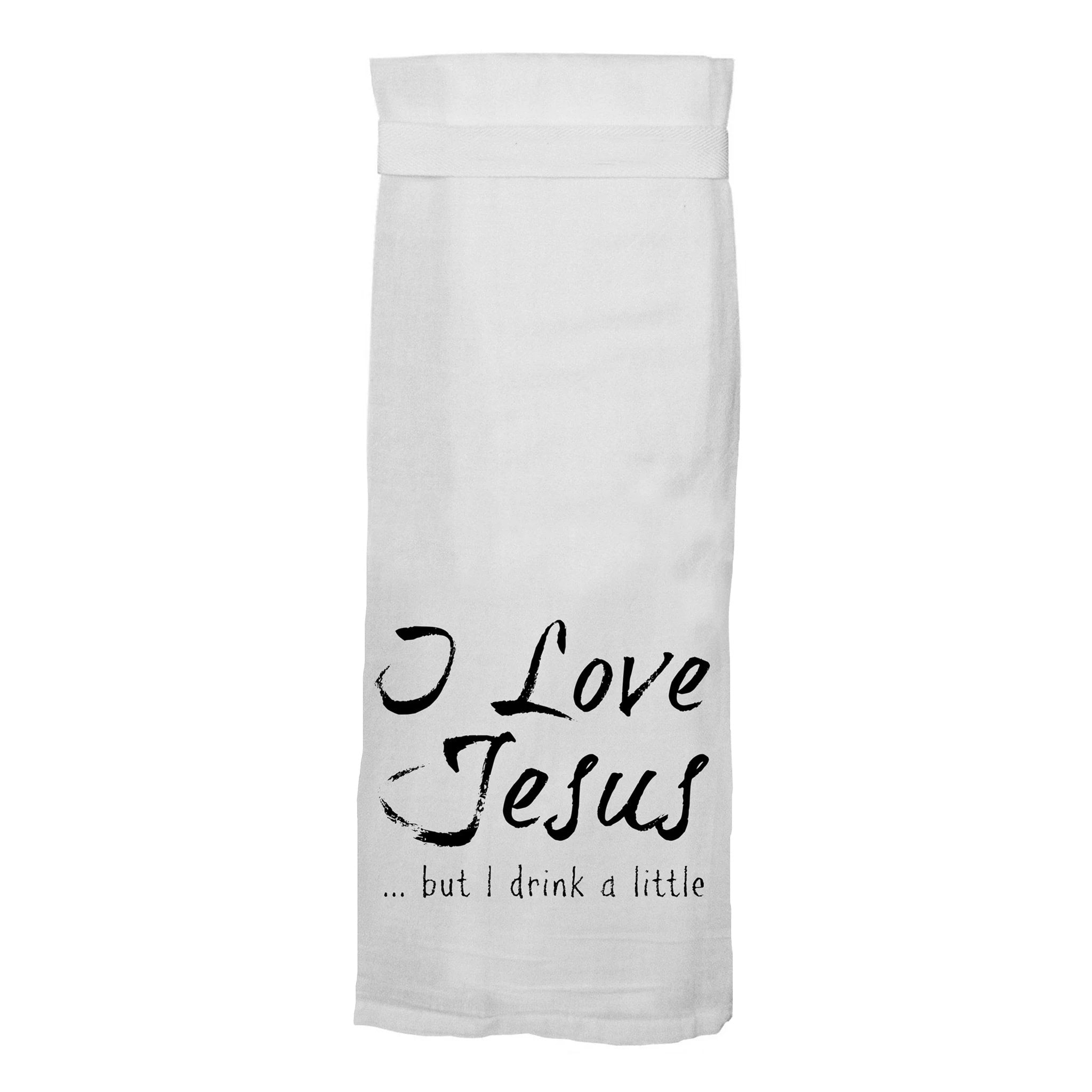 I Love Jesus but I drink a little.  Hang Tight Cotton Towel with pull through loop - by Twisted Wares