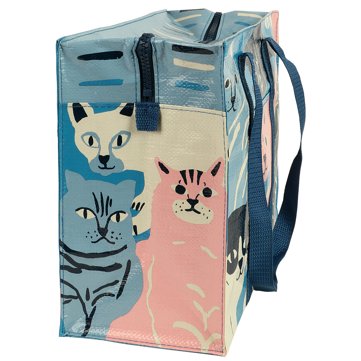 Happy Cats - Shopping Bag Shoulder Tote - Eco  - Pocket, Zipper, folding blue q