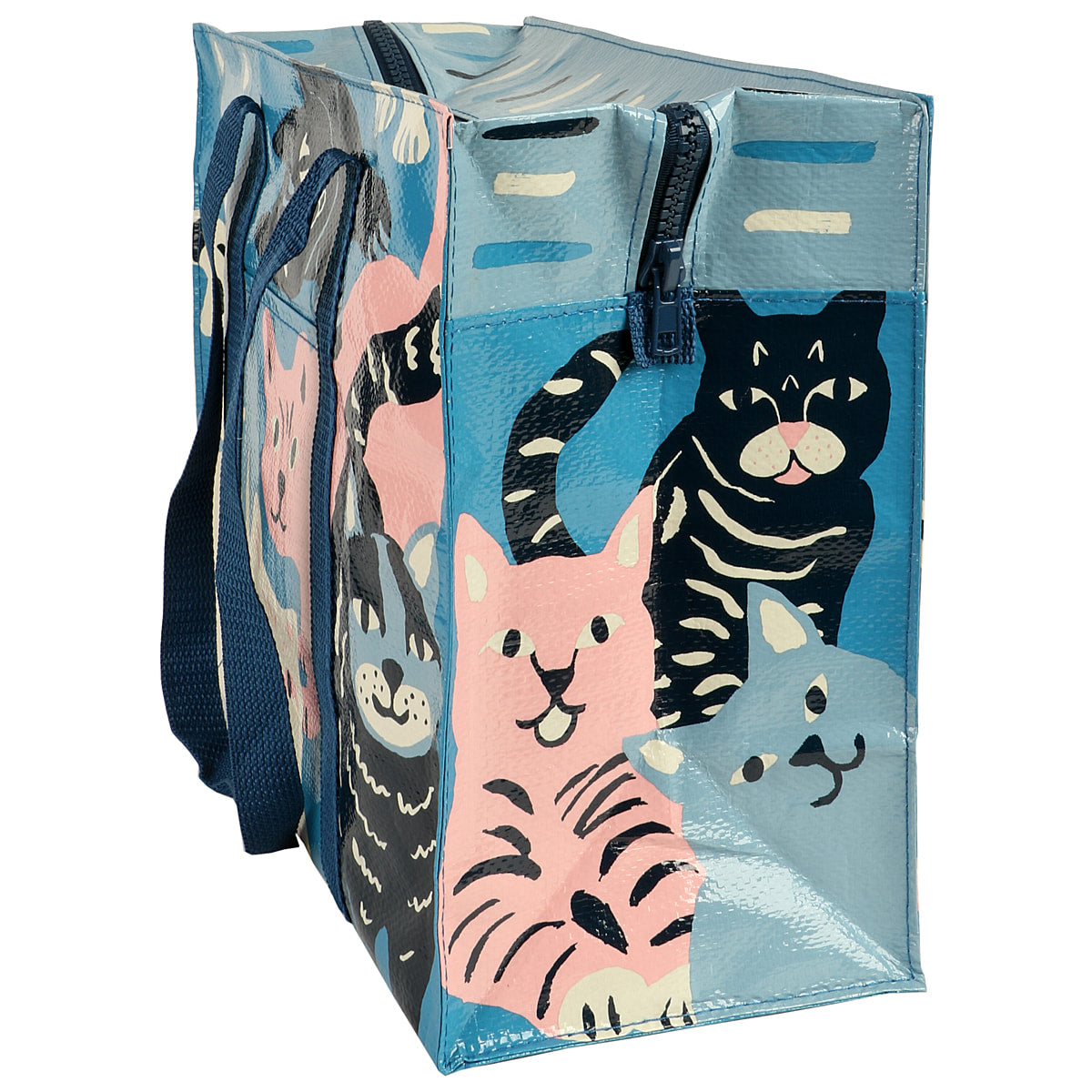 Happy Cats - Shopping Bag Shoulder Tote - Eco  - Pocket, Zipper, folding blue q