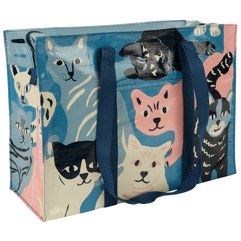 Happy Cats - Shopping Bag Shoulder Tote - Eco  - Pocket, Zipper, folding blue q