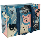 Happy Cats - Shopping Bag Shoulder Tote - Eco  - Pocket, Zipper, folding blue q
